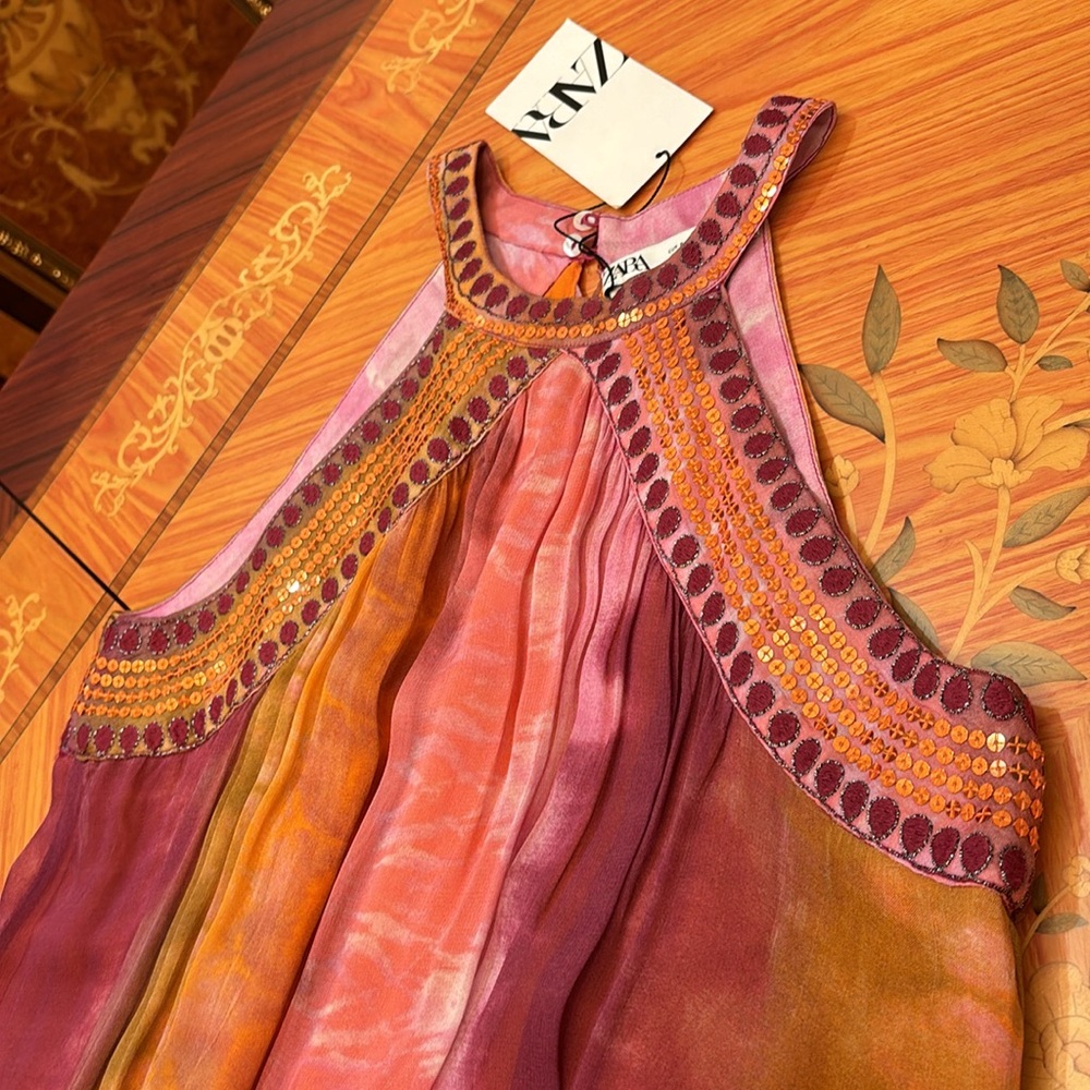 Zara chiffon SEQUIN beaded embellished TIE-DYE maxi DRESS sz.S - Picture 15 of 17